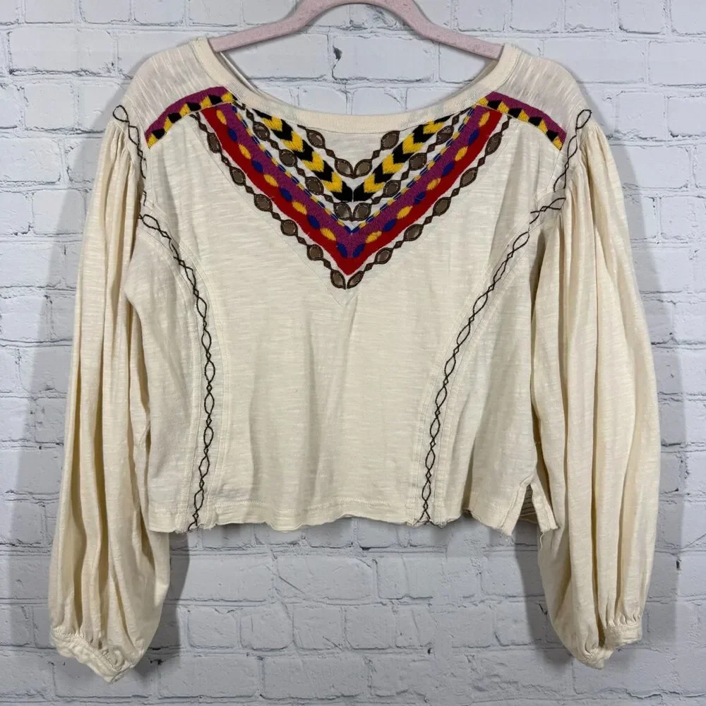 Free People Blouse Womens Small Ivory Embroidered Boho Balloon Sleeve Crop Top